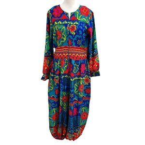 Vintage Barkcloth Psychedelic Colorful Floral Harem Leg Jumpsuit sz Medium/Large